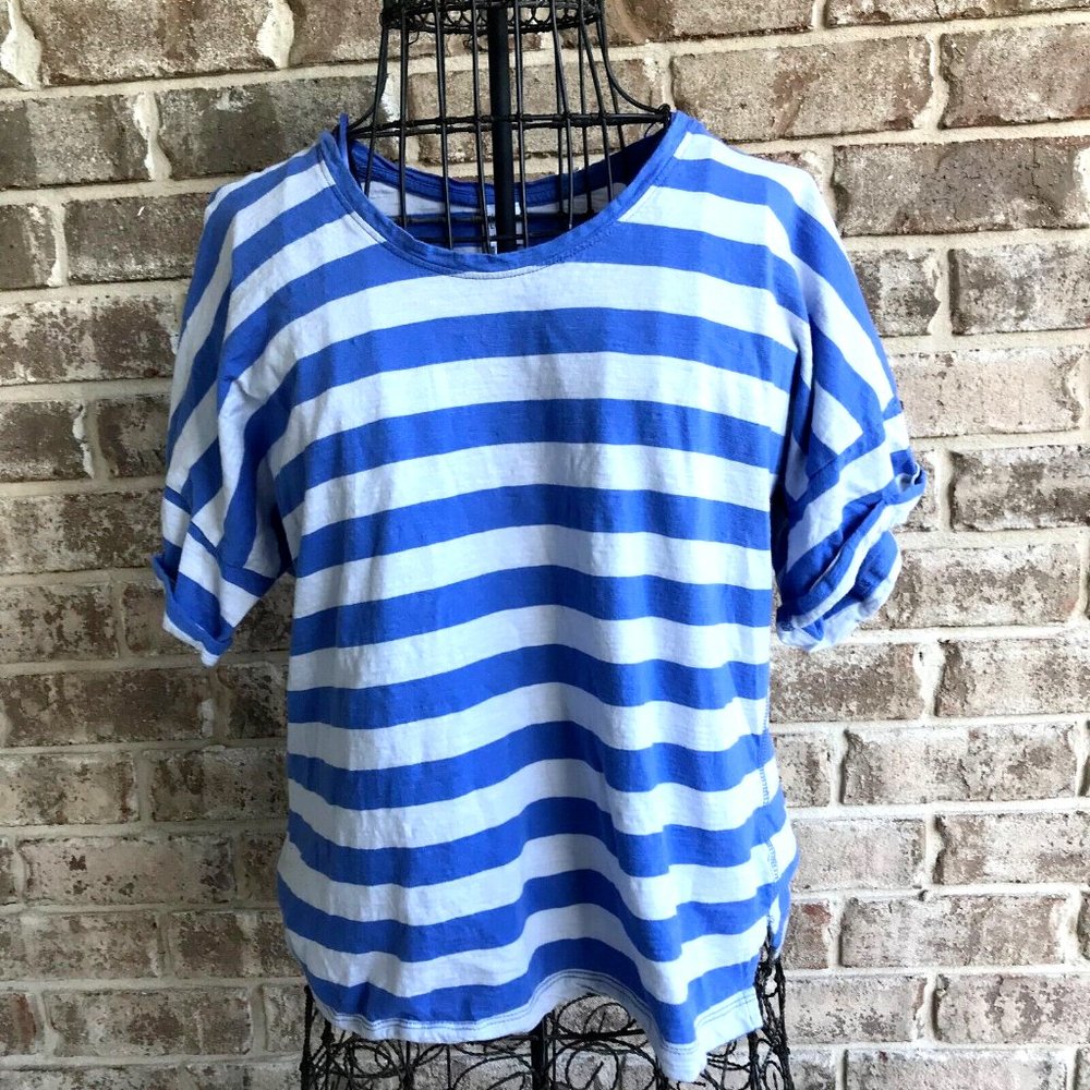 John Lewis Striped Drop Sleeve Cotton Slub T Shirt UK 14 S 10 Lapis Blue…